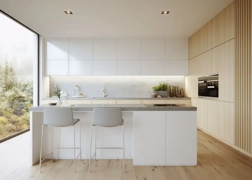 Dapur Estetik Minimalis Putih Clean dengan Kayu